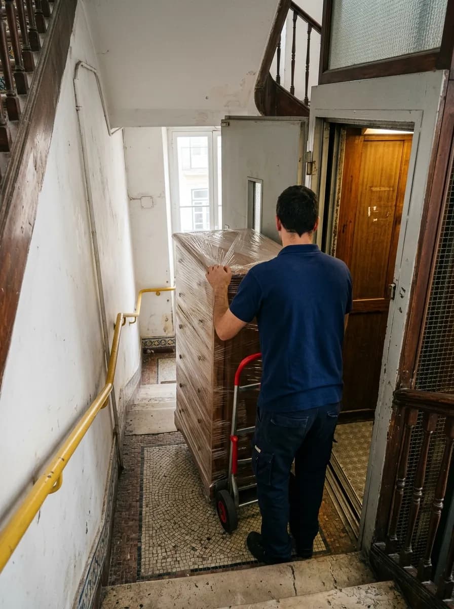 Móveis embalados num carrinho de mão na escada de um prédio