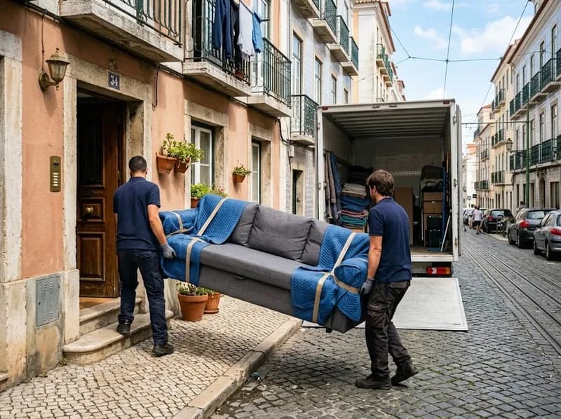 Equipa de mudanças a levar um sofá para fora de um prédio em Lisboa